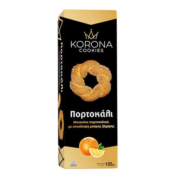 KORONA ΜΠΙΣΚΟΤΑ ΜΕ ΕΠΙΚΑΛΥΨΗ ΜΑΥΡΗΣ ΖΑΧΑΡΗΣ 105gr. - (ΠΟΡΤΟΚΑΛΙ)