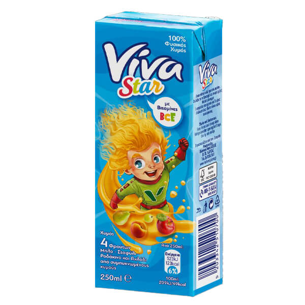 VIVA STAR 250ml - (ΜΗΛΟ-ΣΤΑΦΥΛΙ-ΡΟΔΑΚΙΝΟ-ΑΧΛΑΔΙ 100% ΦΥΣΙΚΟΣ ΧΥΜΟΣ)
