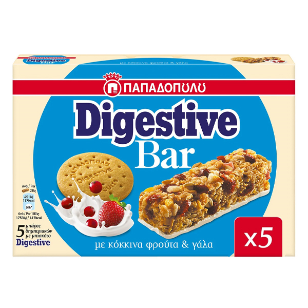 ΠΑΠΑΔΟΠΟΥΛΟΥ DIGESTIVE BARS (5x28gr.) - (ΓΑΛΑ ΚΑΙ ΦΡΟΥΤΑ)