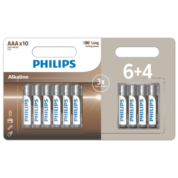 PHILIPS ΜΠΑΤΑΡΙΑ ΑΛΚΑΛΙΚΗ AAA (6+4τεμ) - (ΜΕ ΦΟΡΟ 0,20€)