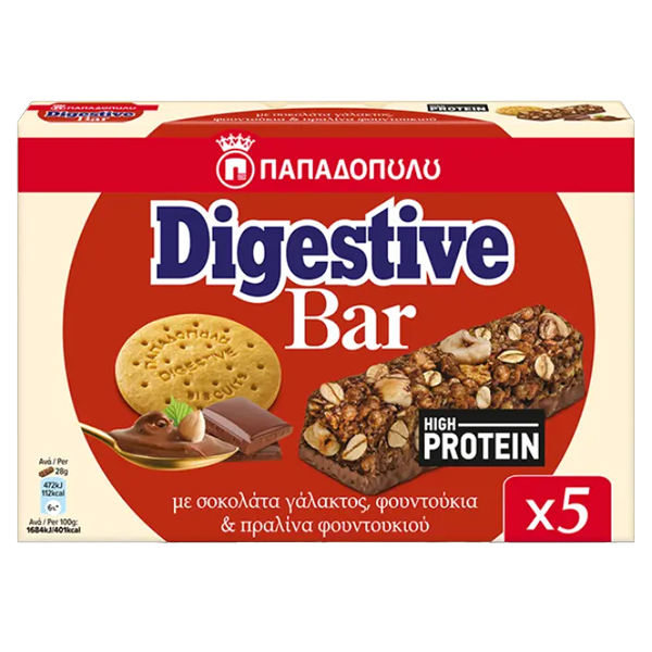ΠΑΠΑΔΟΠΟΥΛΟΥ DIGESTIVE BARS ΜΕ ΠΡΩΤΕΪΝΗ (5x28gr.) - (ΣΟΚΟΛΑΤΑ ΓΑΛΑΚΤΟΣ,ΦΟΥΝΤΟΥΚΙΑ ΚΑΙ ΠΡΑΛΙΝΑ ΦΟΥΝΤΟΥΚΙΟΥ)