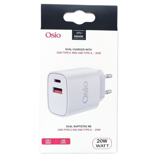 OSIO ΦΟΡΤΙΣΤΗΣ ΤΑΧΕΙΑΣ ΦΟΡΤΙΣΗΣ ΜΕ USB ΚΑΙ TYPE C ΥΠΟΔΟΣΧΗ - (ΑΣΠΡΟΣ) (OTU-5904W)