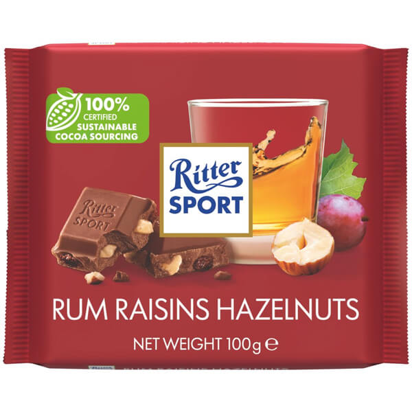 RITTER SPORT ΣΟΚΟΛΑΤΑ 100gr. - (ΓΑΛΑΚΤΟΣ ΜΕ ΡΟΥΜΙ,ΣΤΑΦΙΔΕΣ ΚΑΙ ΦΟΥΝΤΟΥΚΙΑ)