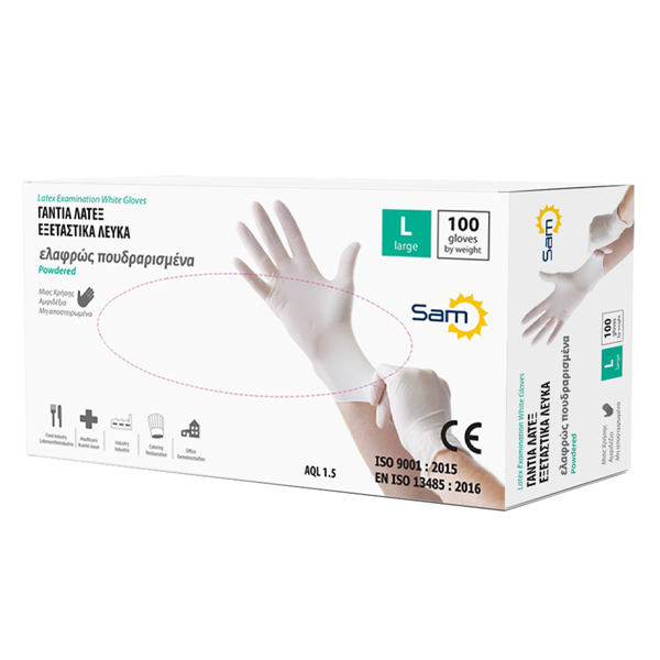 SAM ΓΑΝΤΙΑ ΛΑΤΕΞ ΕΛΑΦΡ. ΠΟΥΔΡΑΡΙΣΜΕΝΑ ΛΕΥΚΑ (100τεμ.) - (LARGE)