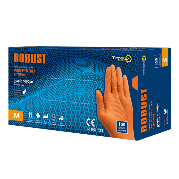 ROBUST ΓΑΝΤΙΑ ΝΙΤΡΙΛΙΟΥ ΠΟΡΤΟΚΑΛΙ (100τεμ.) - (MEDIUM)(ΧΩΡΙΣ ΠΟΥΔΡΑ) - (ΓΙΑ ΣΚΛΗΡΕΣ ΧΡΗΣΕΙΣ)