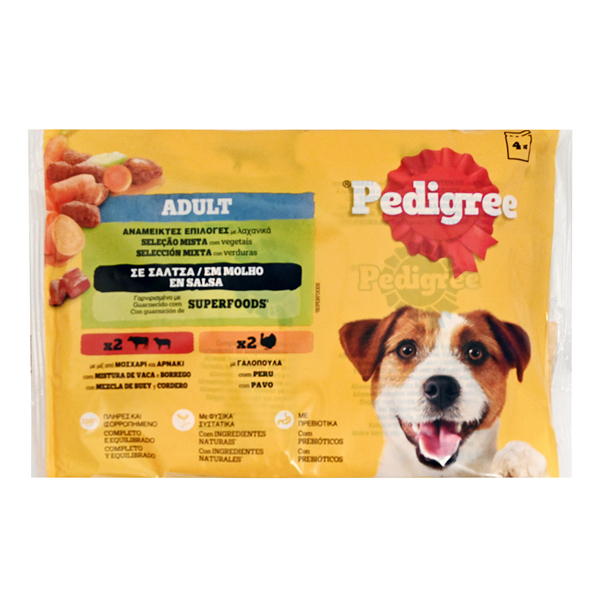 PEDIGREE ΣΚΥΛΟΤΡΟΦΗ ΦΑΚΕΛΑΚΙ 4x100gr. - (ΓΑΛΟΠΟΥΛΑ ΚΑΙ ΑΡΝΙ ΚΑΙ ΜΟΣΧΑΡΙ ΚΑΙ ΚΑΡΟΤΟ)