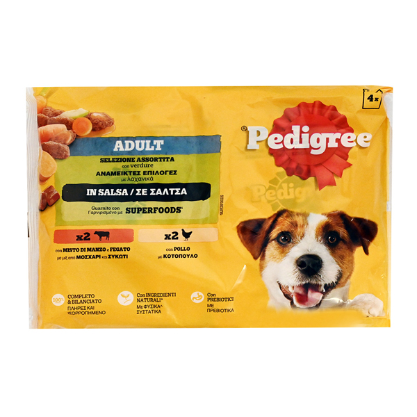 PEDIGREE ΣΚΥΛΟΤΡΟΦΗ ΦΑΚΕΛΑΚΙ 4x100gr. - (ΜΟΣΧΑΡI ΚΑΙ ΣΥΚΩΤΙ ΚΑΙ ΛΑΧΑΝΙΚΑ)