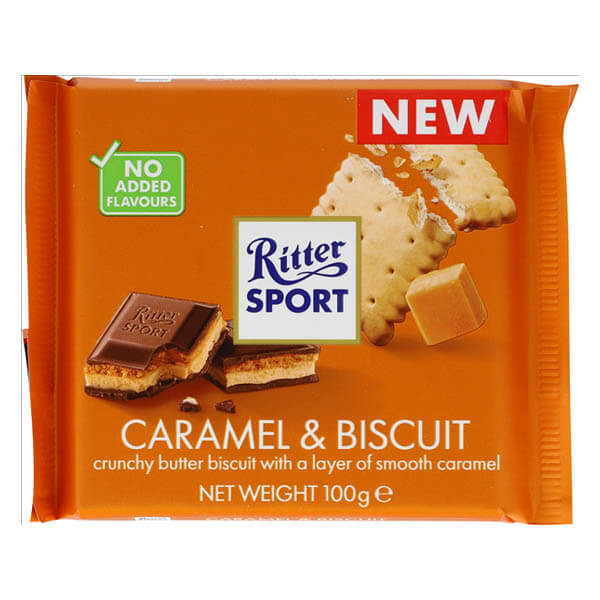 RITTER SPORT ΣΟΚΟΛΑΤΑ 100gr. - (ΓΑΛΑΚΤΟΣ ΜΕ ΜΠΙΣΚΟΤΟ ΚΑΙ ΚΑΡΑΜΕΛΑ)