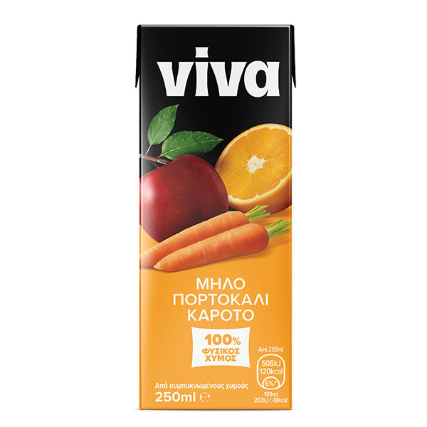 VIVA 250ml - (ΜΗΛΟ+ΠΟΡΤΟΚΑΛΙ+ΚΑΡΟΤΟ 100% ΦΥΣΙΚΟΣ ΧΥΜΟΣ)