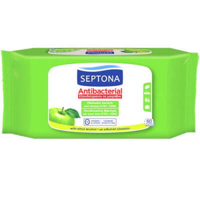 SEPTONA ΥΓΡΑ ΜΑΝΤΗΛΑΚΙΑ (60τεμ.) - (ΠΡΑΣΙΝΟ ΜΗΛΟ/ΑΝΤΙΒΑΚΤΗΡΙΔΙΑΚΑ )